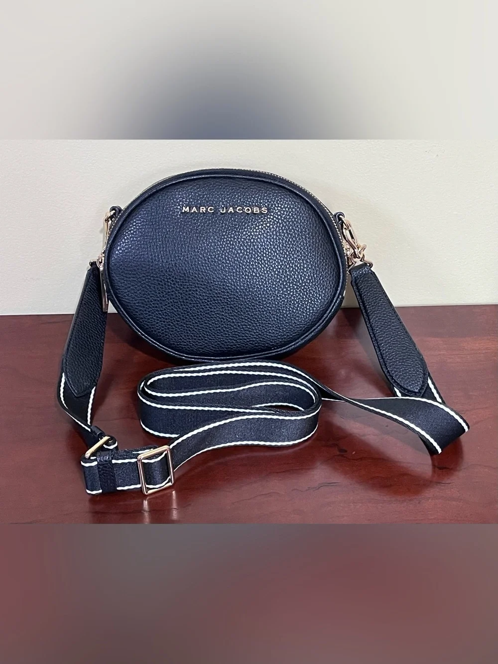 Marc Jacobs Black Pebbled Leather Round Crossbody Bag w/ Guitar Strap